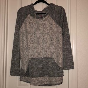 Gray Hooded Light Sweatshirt With Lace On Front